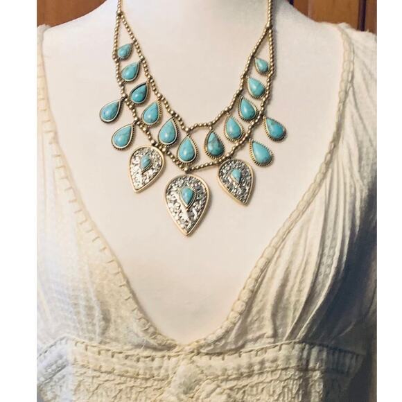 lucky brand gold tone turquoise two-row tear drop necklace - Picture 2 of 8